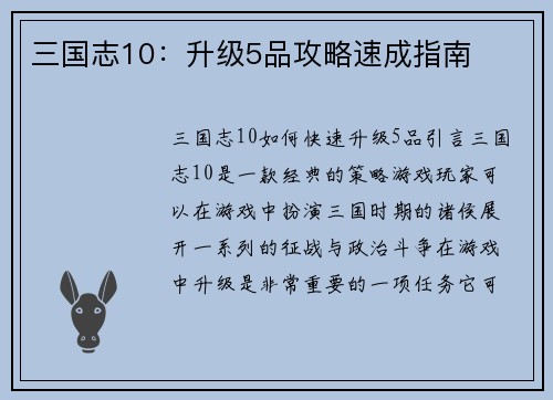 三国志10：升级5品攻略速成指南