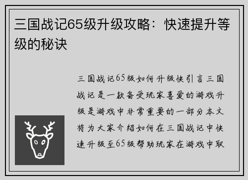 三国战记65级升级攻略：快速提升等级的秘诀