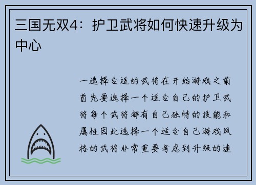 三国无双4：护卫武将如何快速升级为中心