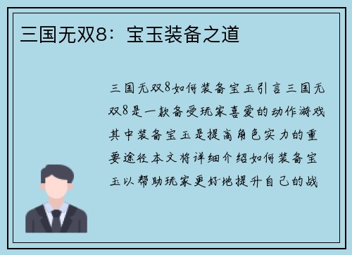 三国无双8：宝玉装备之道